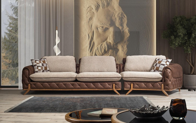 Brązowy komplet wypoczynkowy designerski Skóra Sofa czteroosobowa stolik kawowy 2-częściowa