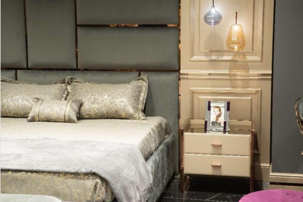 Design Grupa Sypialnia Podwójne łóżko Łóżko Szafki nocne Zestaw 6szt Beżowy