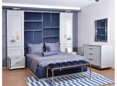 Design Grupa Sypialnia Podwójne łóżko Łóżko Szafki nocne Zestaw 7szt Niebieski