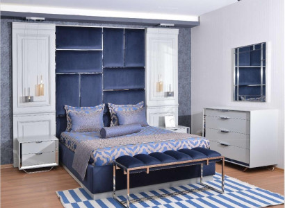 Design Grupa Sypialnia Podwójne łóżko Łóżko Szafki nocne Zestaw 7szt Niebieski