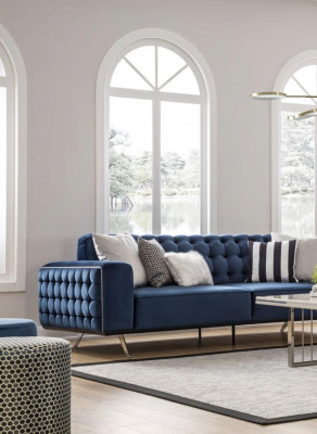 Klasyczna Sofa Trzyosobowa Chesterfield Meble Luksusowe Kanapy Niebieskie 3 Sofy Siedziba