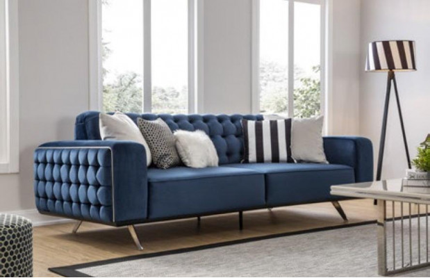 Klasyczna Sofa Trzyosobowa Chesterfield Meble Luksusowe Kanapy Niebieskie 3 Sofy Siedziba