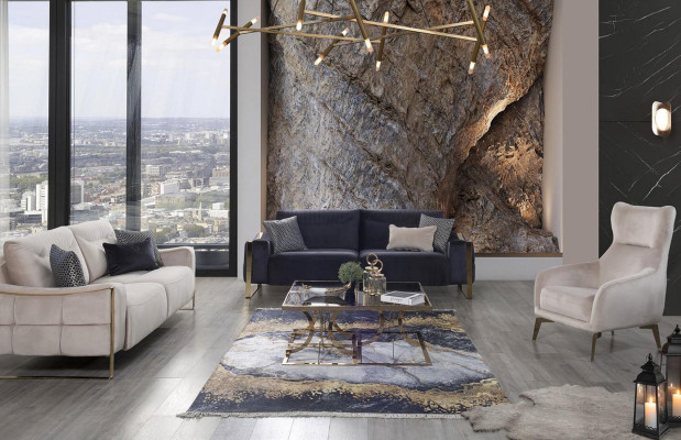 Klasyczna Sofa 3 Siedziba Design Salon Podkładka Drewno Podkładka Modern Luxury Blue