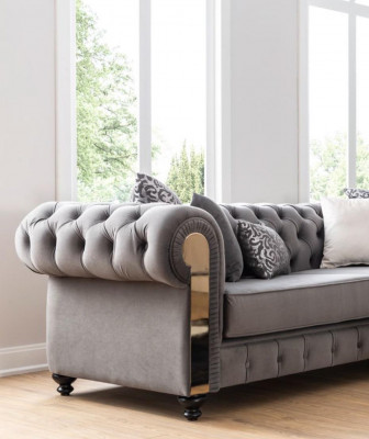 Luksusowa Sofa do Salonu 3 Siedziba Trzyosobowa Szara Chesterfield Klasyczne Kanapy