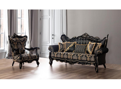 2-częściowy zestaw sofowy do salonu 3+1 fotele czarna sofa I fotel złoty wzór