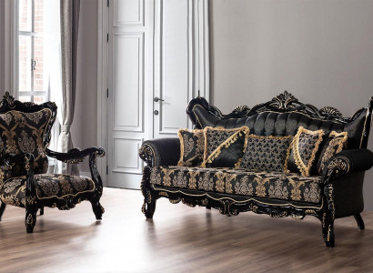 2-częściowy zestaw sofowy do salonu 3+1 fotele czarna sofa I fotel złoty wzór