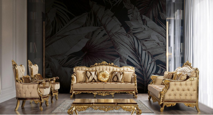 Chesterfield Couch Barokowe Trzyosobowe Meble Sofa Kanapy Materiał Złoty