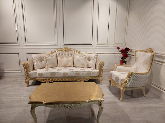 Zestaw sofowy Sofa 3+1 miejsce do siedzenia Fotel Tabela rzeźbione nogi stolik kawowy 3-częściowy.