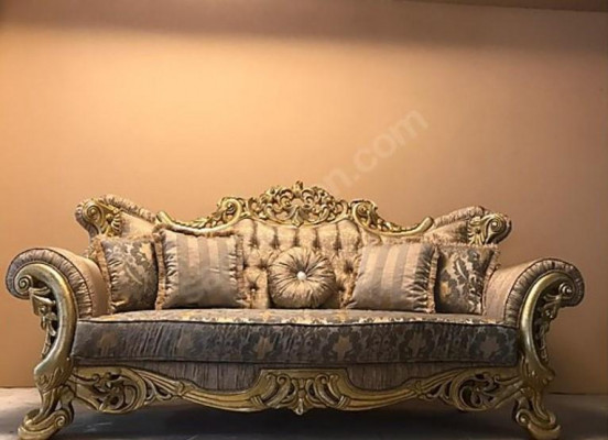 Barokowa trzyosobowa kanapa Chesterfield Meble Sofa Kanapy Materiał Brązowy