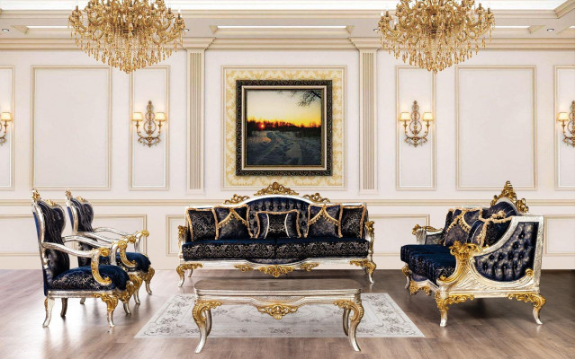 Luksusowy fotel Fotel Classic Throne Krzesło Barokowy Aksamit Niebieskie Złoto