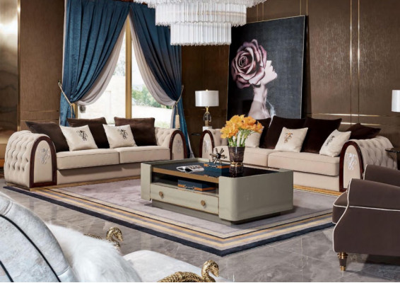 Sofa Chesterfield Beżowa Sofy Włókienniczy Materiał Kanapy Luxury Meble 4 miejsce do siedzenia 295cm