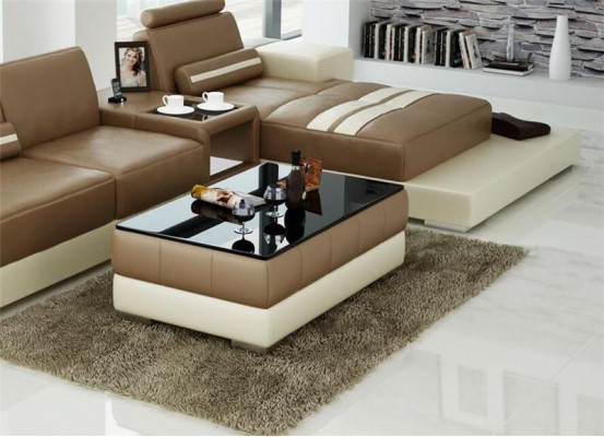 Sofa stolik projekt salon Skóra kawa Szkło kanapa Podkładka wystrój boczny