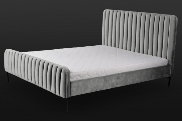Szara sypialnia dwuosobowa meble design eleganckie materiałowe wyposażenie hotelowe
