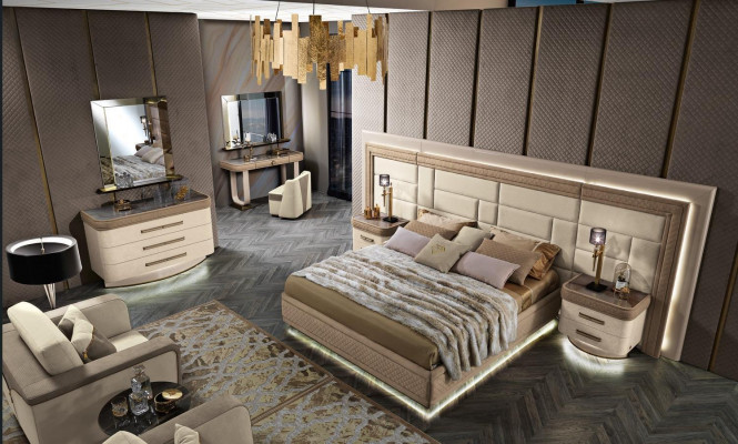 Design Luxury Sypialnia Łóżko 2x Szafki nocne Kredens Ustawić łóżko 8-częściowy komplet