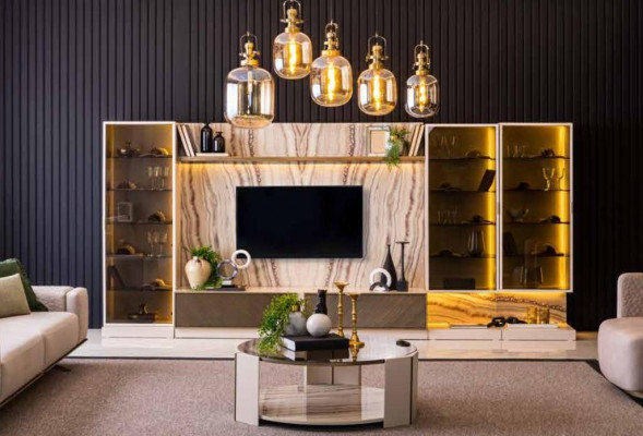 Elegancka jednostka ścienna dobudówka do salonu Ściana 388cm luksusowa komoda ścienna