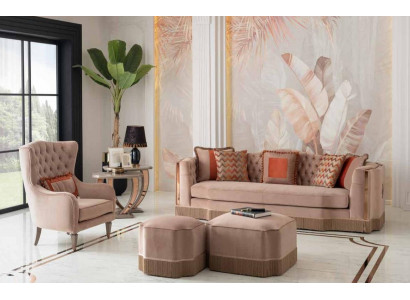 Luksusowy salon Schiker Sofa 4 miejsce do siedzenia Fotel z 2x Stołek Stylowe Meble