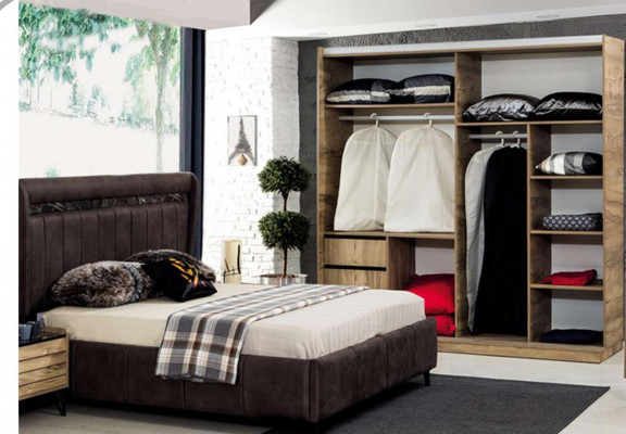 Sypialnia Meble Designer Łóżko tapicerowane 2x Szafki nocne Szafa