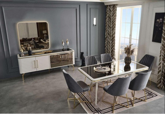 Biały -Szary jadalnia Ustawić stół drewniany 6x Włókienniczy Krzesła Kredens 9 sztuk