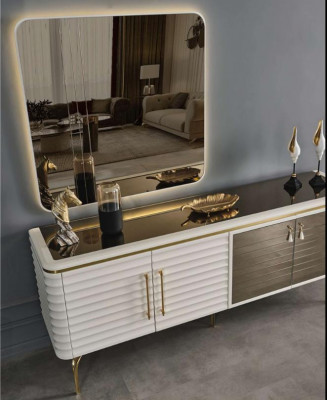 Biały -Szary jadalnia Ustawić stół drewniany 6x Włókienniczy Krzesła Kredens 9 sztuk