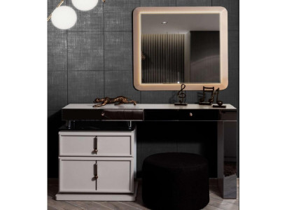 Biały designerski prostokątny zestaw Toaletka Lustro Ottoman, 3-częściowy zestaw