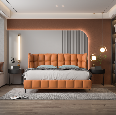Orange Podwójne łóżko Sypialnia Meble Łóżka Tekstylne Drewniana Rama Stylowe