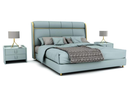 Sypialnia Blue Podwójne łóżko Designerskie łóżko z ramą drewnianą Luxury Meble