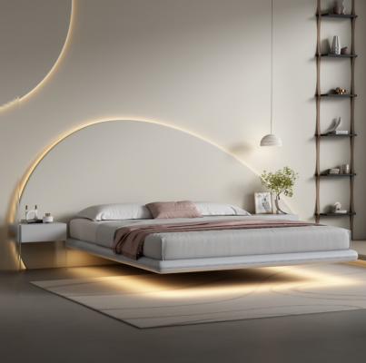 Szare łóżko chowane w szafie Modern Sypialnia Meble z ramą drewnianą LED-łóżka Nowość