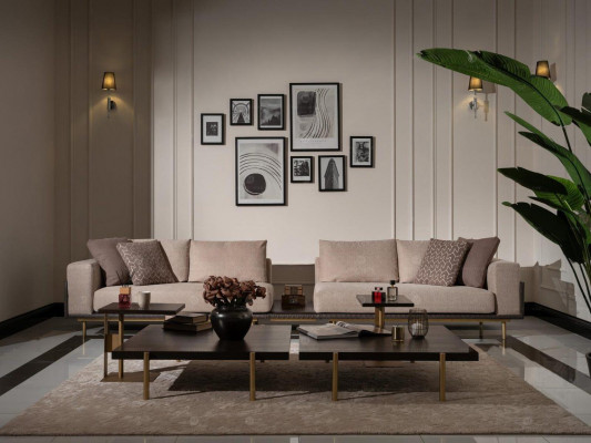 Pokój dzienny Grupa sofa Stoliki do kawy Sofa materiałowa 4-częściowa beż Drewno Modern