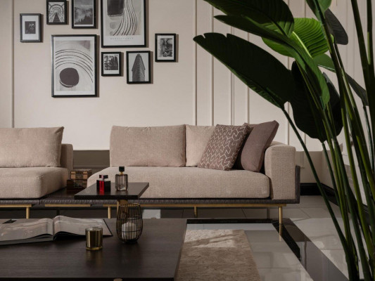 Pokój dzienny Grupa sofa Stoliki do kawy Sofa materiałowa 4-częściowa beż Drewno Modern