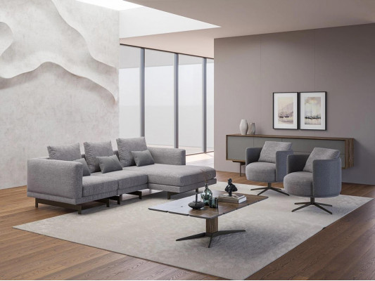 Salon kompletny 4-częściowy 2x Fotel z Narożnikowa kanapa Designerski stolik w kształcie litery L Drewno kawowy