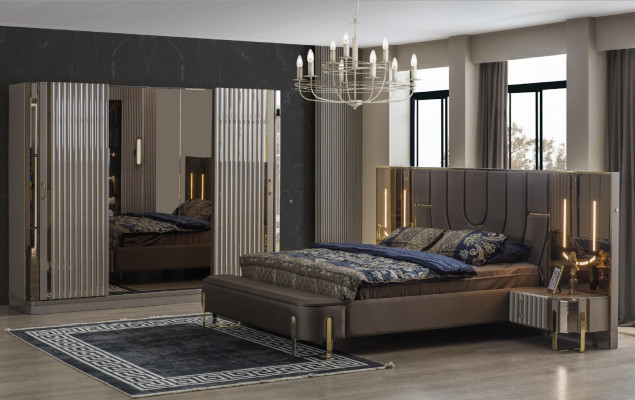 Podwójne łóżko Ustawić Sypialnia Luksusowe łóżko Modern Brown 3-częściowe