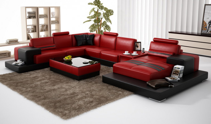 Skórzana sofa kanapa Żywy krajobraz Narożnikowa kanapa Narożnik Ustaw Design Nowoczesna Sofa + USB