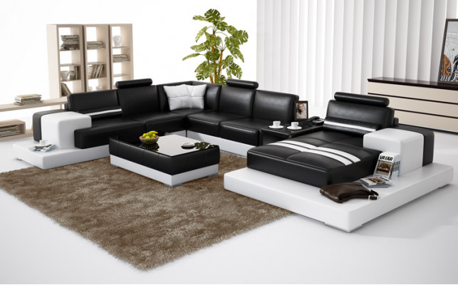 Skórzana sofa kanapa Żywy krajobraz Narożnikowa kanapa Narożnik Ustaw Design Nowoczesna Sofa + USB