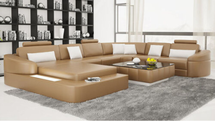Skóra Sofa z USB Couch Żywy krajobraz Narożnik Ustawić Design Nowoczesne sofy Kształt U