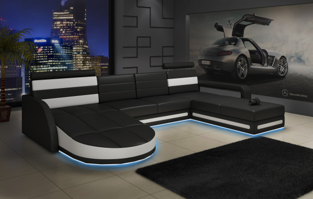 XXL Żywy krajobraz KANAPA Ustawić DESIGN NAROŻNIK Czarny SKÓRZANA SOFA z USB Nowość