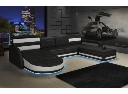 XXL Żywy krajobraz KANAPA Ustawić DESIGN NAROŻNIK Czarny SKÓRZANA SOFA z USB Nowość