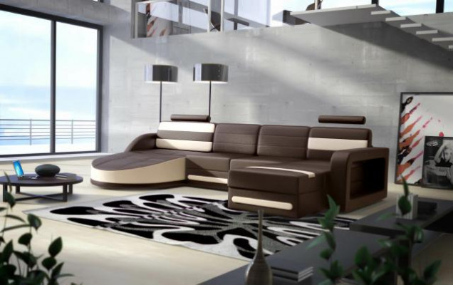 XXL Żywy krajobraz KANAPA Ustawić DESIGN NAROŻNIK Czarny SKÓRZANA SOFA z USB Nowość