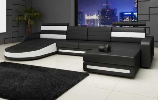 XXL Żywy krajobraz KANAPA Ustawić DESIGN NAROŻNIK Czarny SKÓRZANA SOFA z USB Nowość