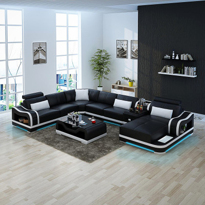 Skórzana sofa z USB Couch Żywy krajobraz Ustawić Design Nowoczesna sofa Narożnik w kształcie litery U