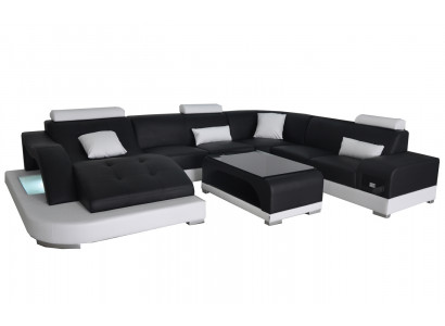 Skóra Sofa z USB Modern Siedziba Couch Podkładka Design Narożnik Żywy krajobraz Tabela