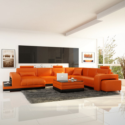 Design Skóra Żywy krajobraz Narożnik Sofa Nowoczesna Ustaw Kanapa Narożnik Nowy Pomarańczowy USB