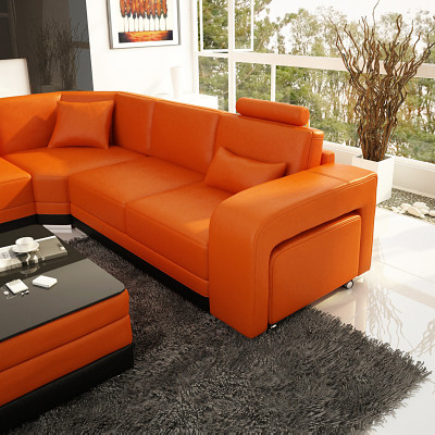 Design Skóra Żywy krajobraz Narożnik Sofa Nowoczesna Ustaw Kanapa Narożnik Nowy Pomarańczowy USB