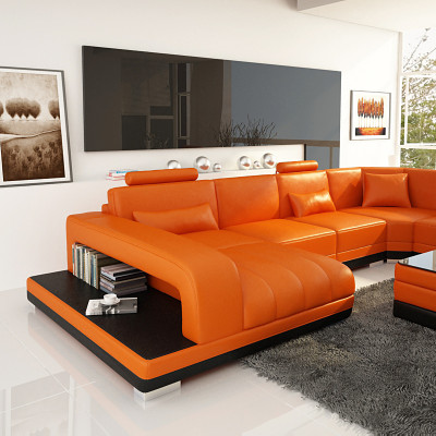 Design Skóra Żywy krajobraz Narożnik Sofa Nowoczesna Ustaw Kanapa Narożnik Nowy Pomarańczowy USB