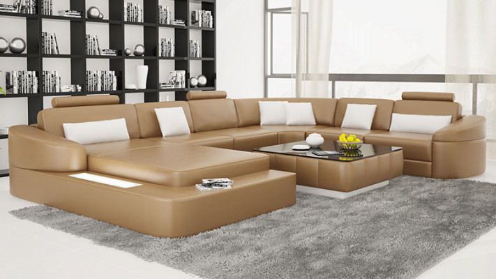 Luksusowa skórzana sofa Podkładka Nowoczesna Siedziba Ustawić narożnik Żywy krajobraz LED USB