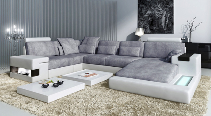 Narożnikowa kanapa Żywy krajobraz U Shape Sofa skórzana Sofa Podkładka Couch Materiał Skóra USB + LED