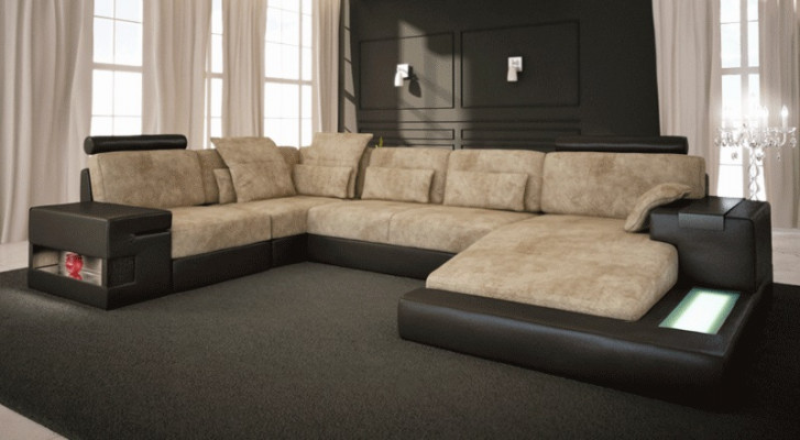 Narożnikowa kanapa Żywy krajobraz U Shape Sofa skórzana Sofa Podkładka Couch Materiał Skóra USB + LED
