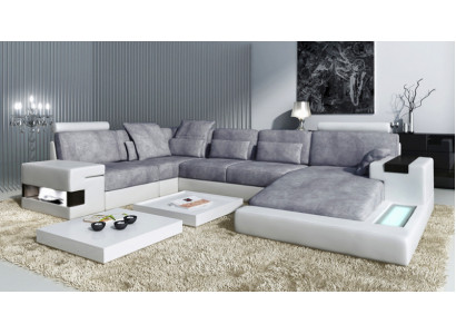 XXL Narożnikowa kanapa Skórzana sofa w kształcie litery U Sofa Podkładka Kanapa Skóra Włókienniczy USB Żywy krajobraz