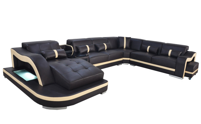 Skóra Couch Podkładka Siedziba Żywy krajobraz Modern Ustawić Sofa z USB U Shape LED