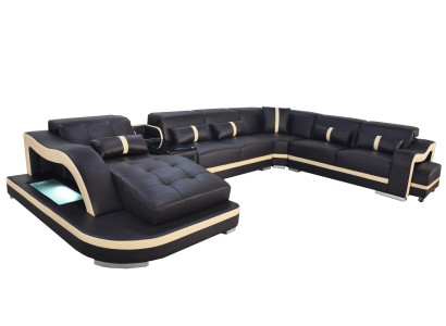 Skóra Couch Podkładka Siedziba Żywy krajobraz Modern Ustawić Sofa z USB U Shape LED