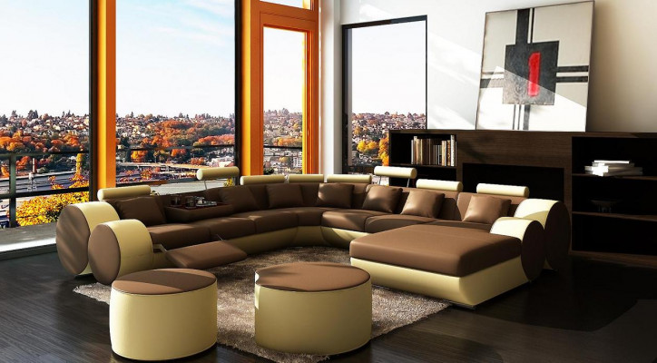 Designerska skórzana sofa z USB XXL Żywy krajobraz Big Sofa narożnik tapicerowany Narożnikowa kanapa Relaks